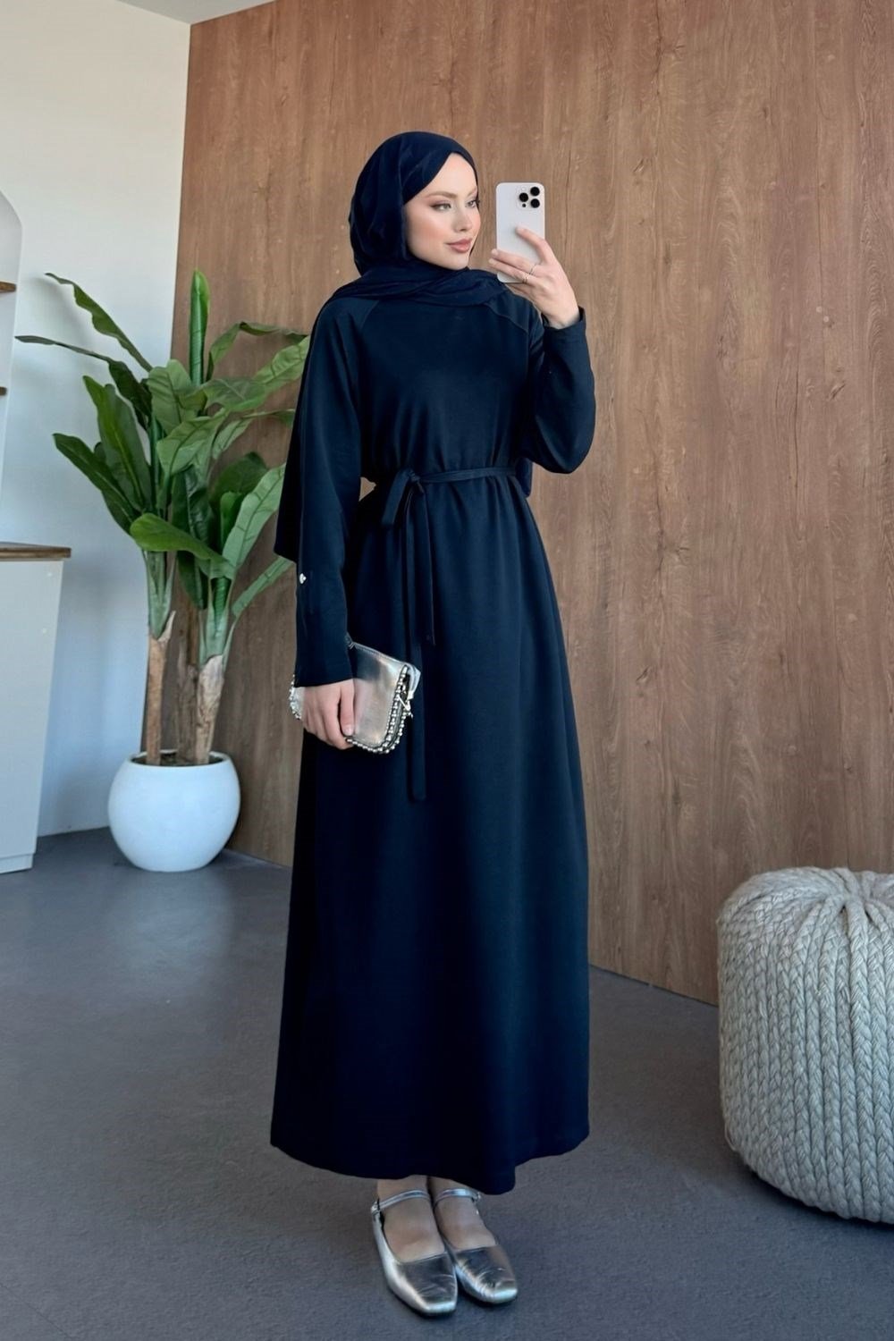 Minimal Kuşaklı Elbise Lacivert