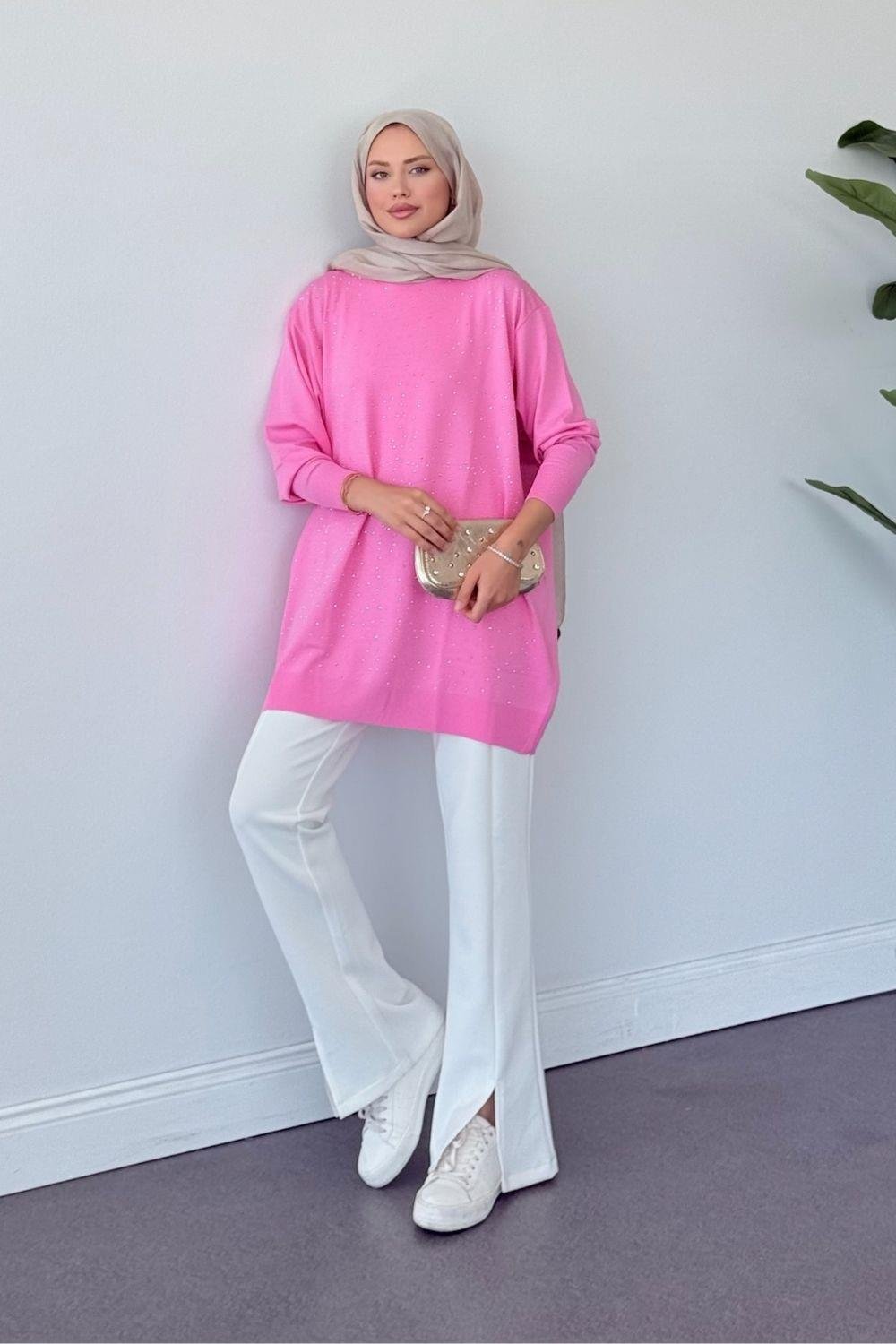 Merserize Taşlı Tunik Pembe