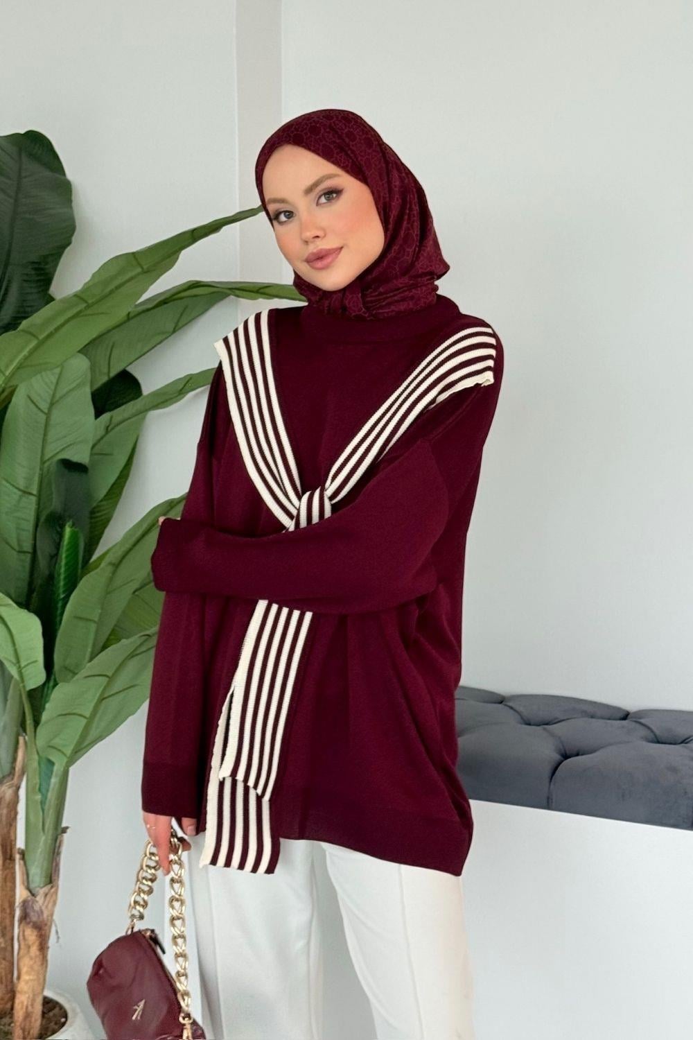 Atkı Detaylı Salaş Tunik Bordo