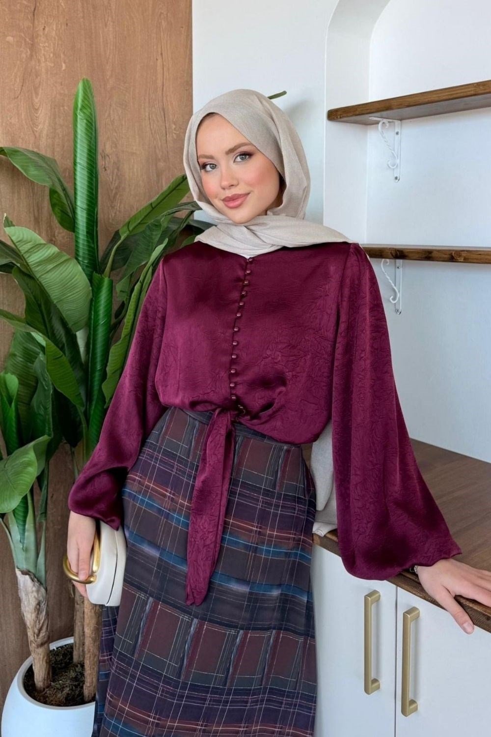 İncili Saten Gömlek Bordo
