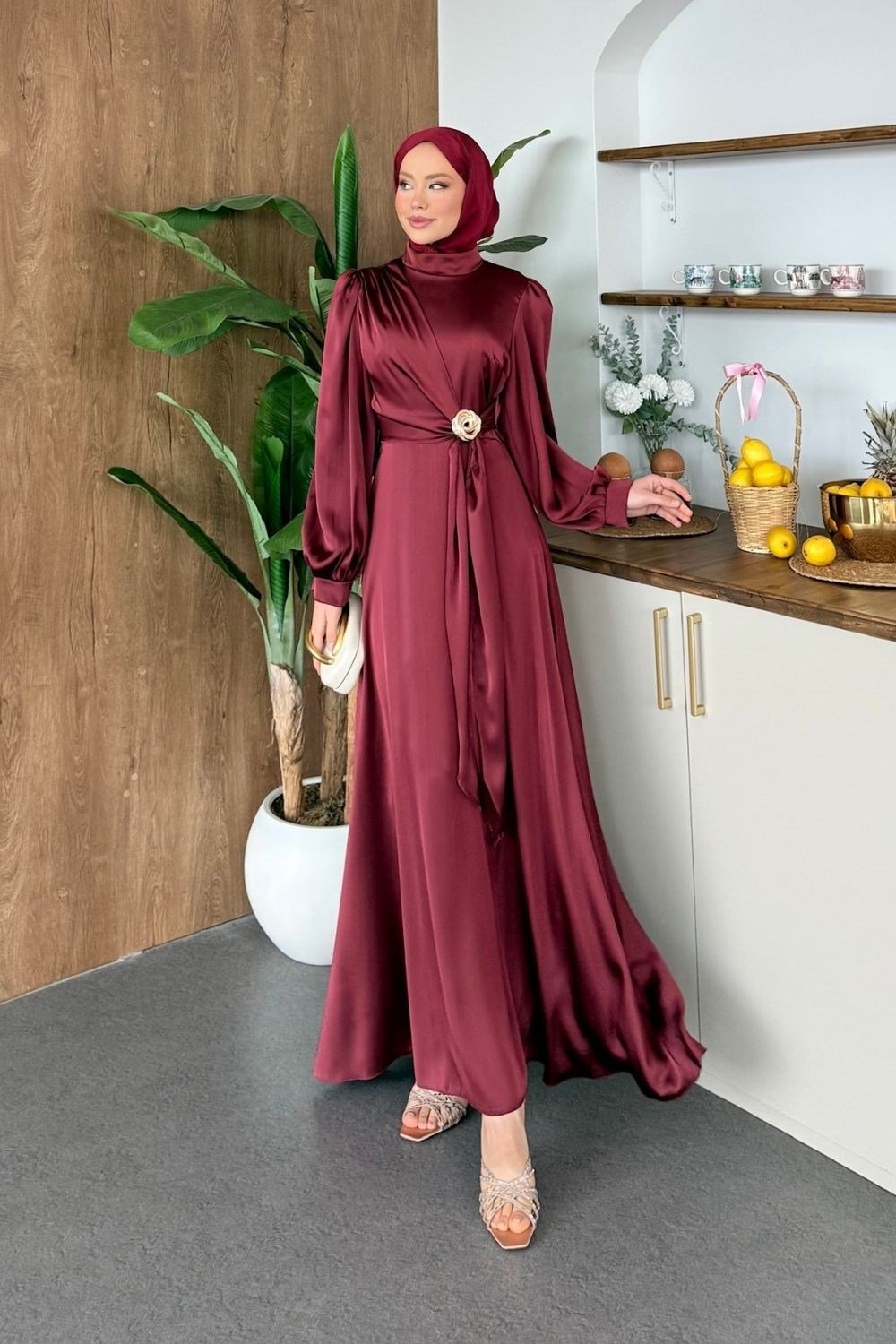 Yandan Tokalı Saten Abiye Bordo