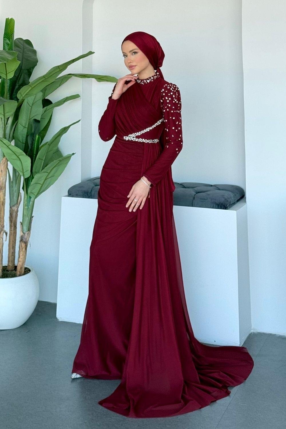 Ava Kolları Taşlı Abiye Bordo