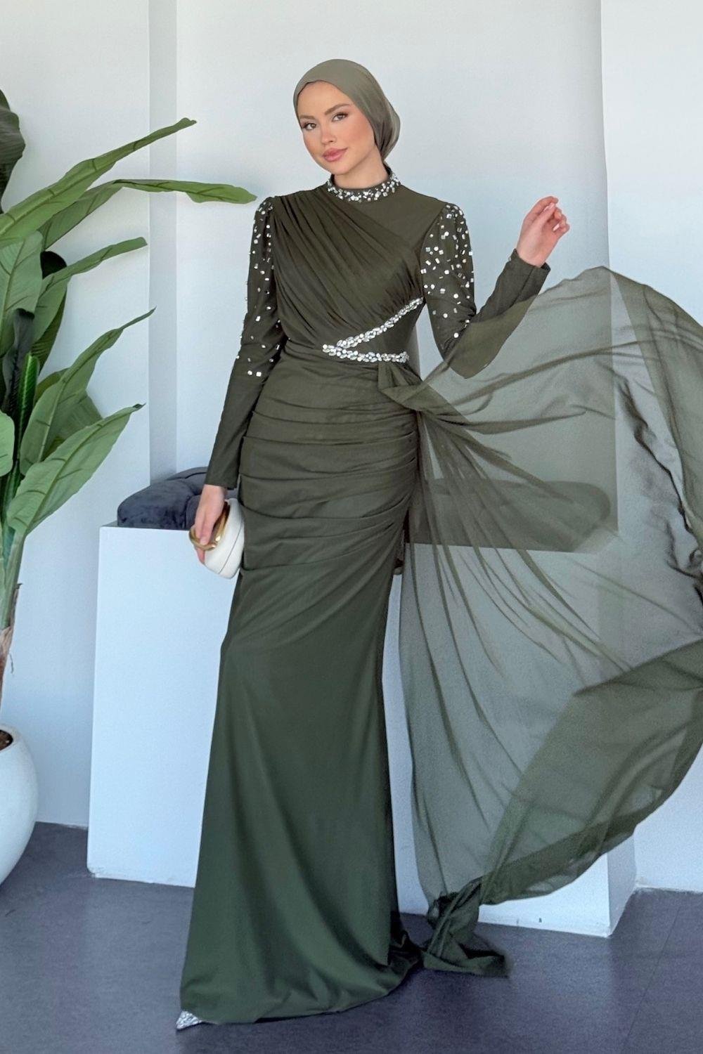 Ava Kolları Taşlı Abiye Haki