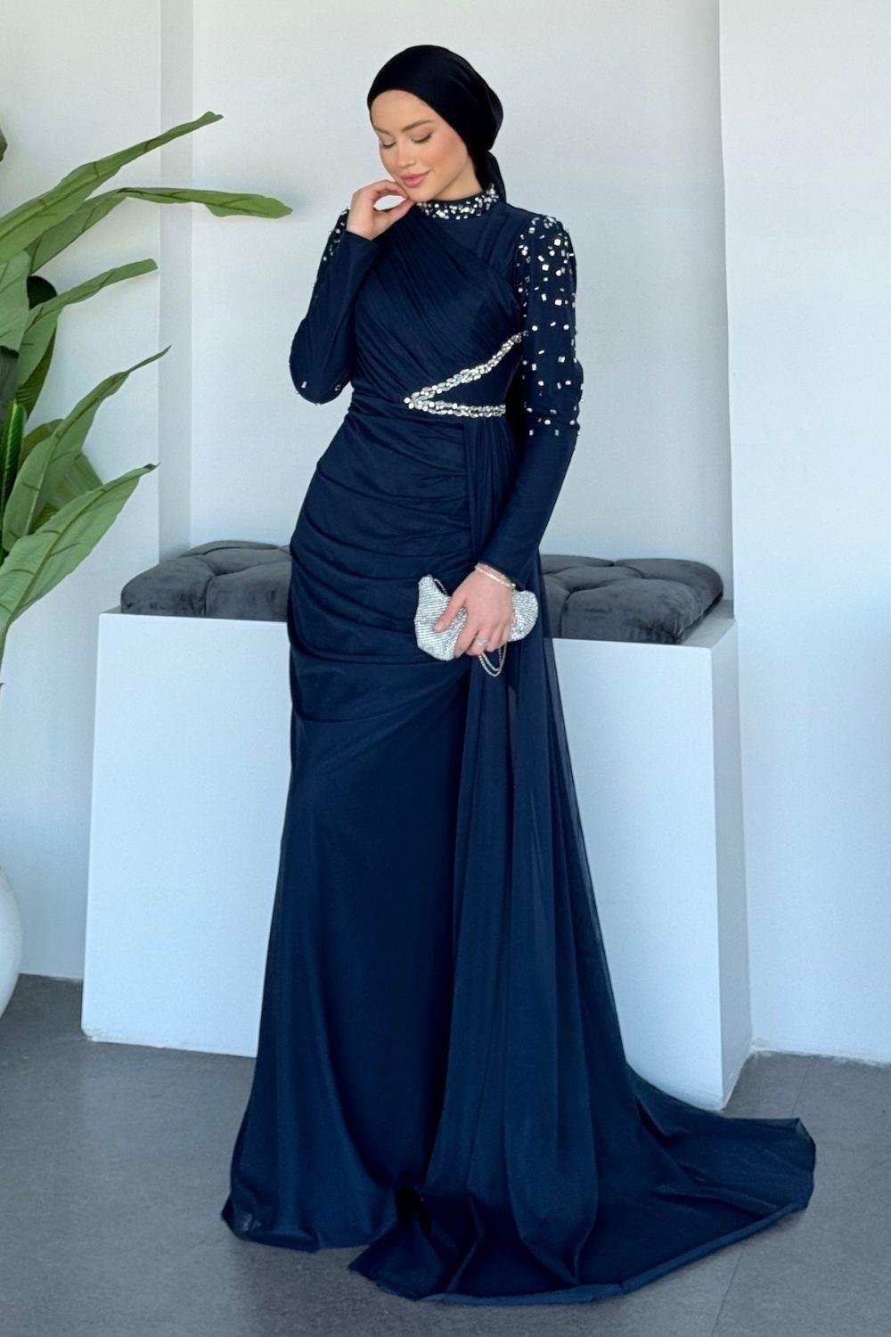 Ava Kolları Taşlı Abiye Lacivert
