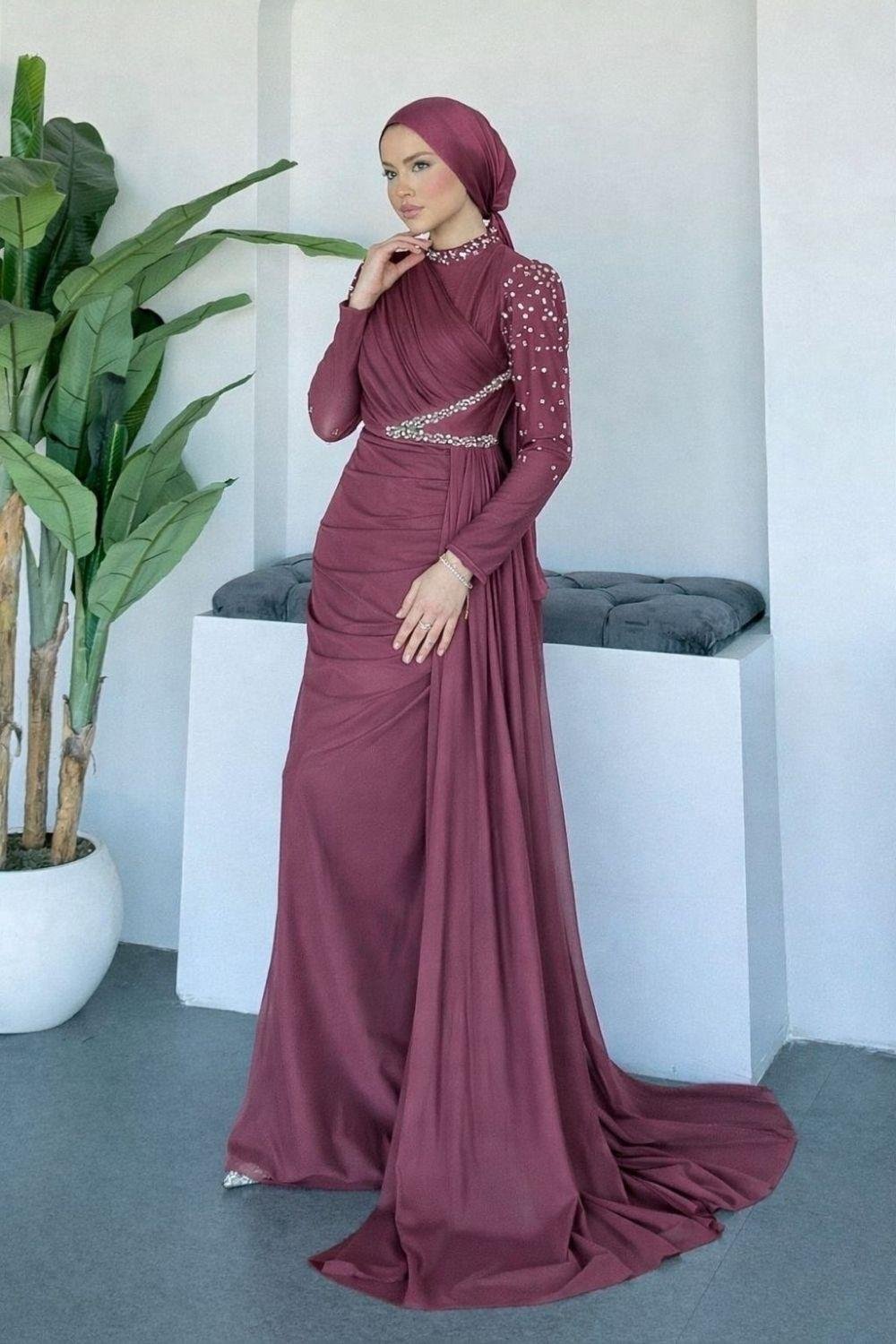 Ava Kolları Taşlı Abiye Gül Kurusu